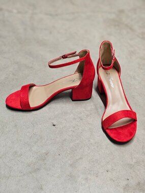 Red Block Heel Sandals With Ankle Strap  Womens Shoes Open Toe Design Elegant &